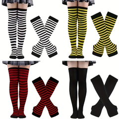 Fashionable Striped Arm Sleeve & Thigh High Socks Set for Cosplay, Parties