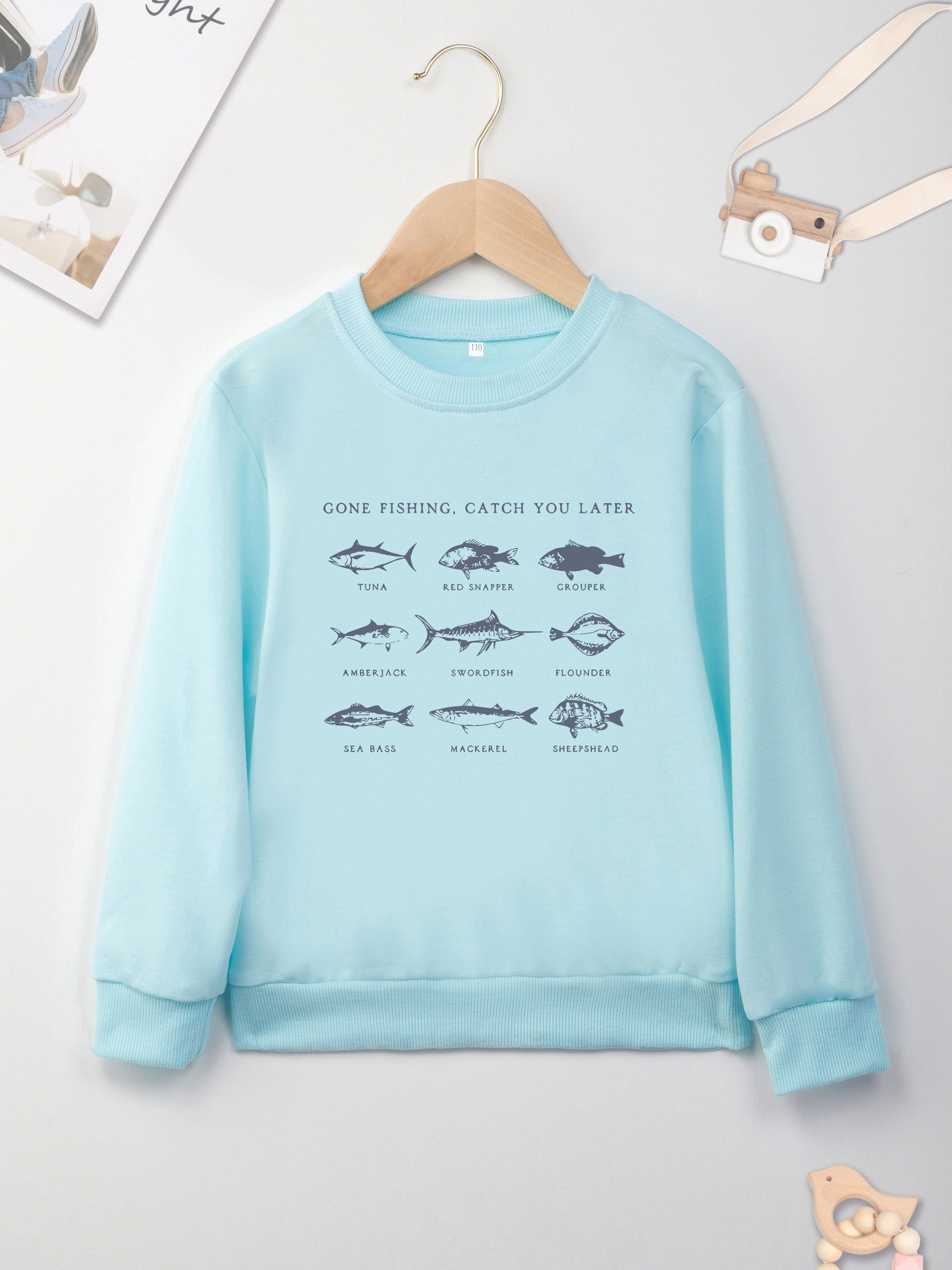 Fish Print Boys Casual Pullover Sweatshirt Long Sleeve Crew Neck Tops