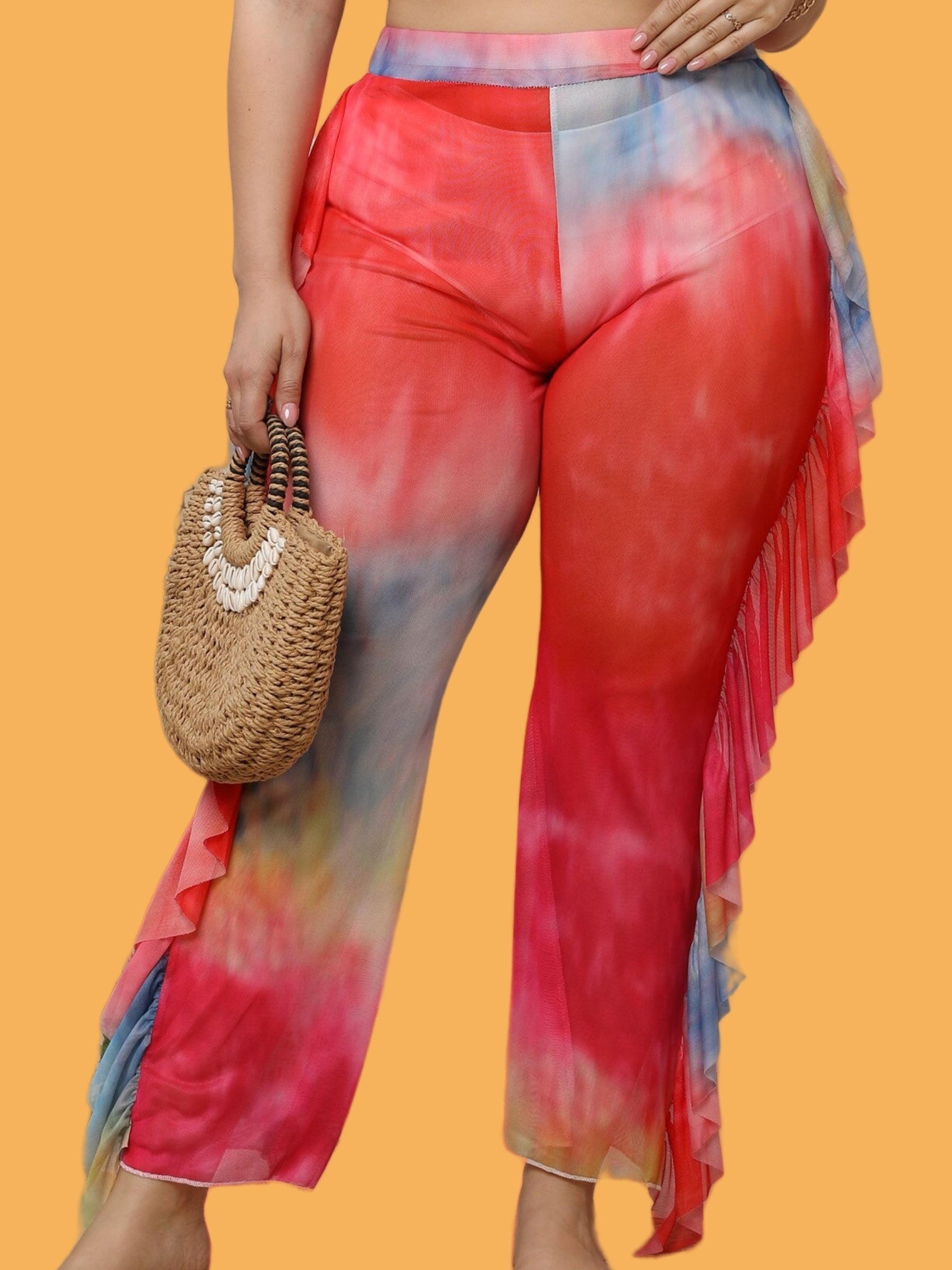  Ruffle Trim Semi Sheer Cover Up Pants