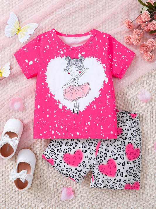 Girls Dancing Girl Graphic T Shirt & Heart Leopard Shorts Set