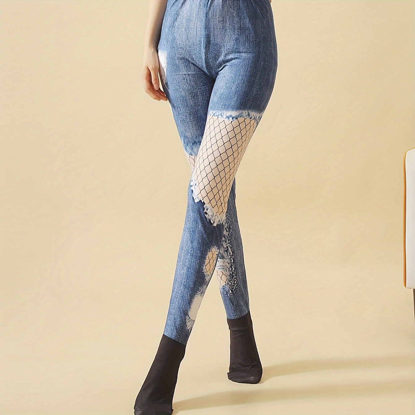 Denim Print High Waist Slim Pantyhose