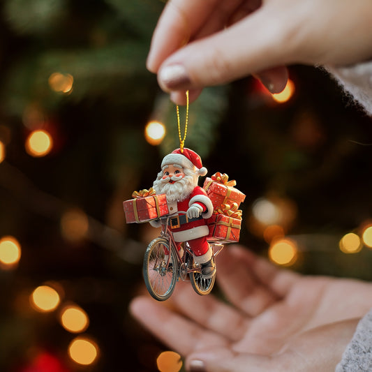 Santa Claus Bicycle Acrylic Ornament Keychain Festive Holiday Pendant