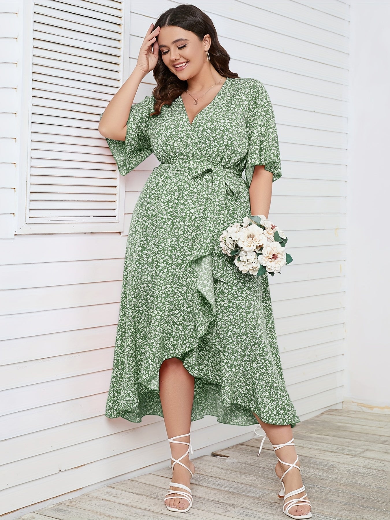  Ditsy Print Short Sleeve Wrap Dress With Belt