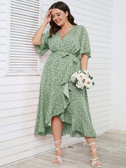  Ditsy Print Short Sleeve Wrap Dress With Belt