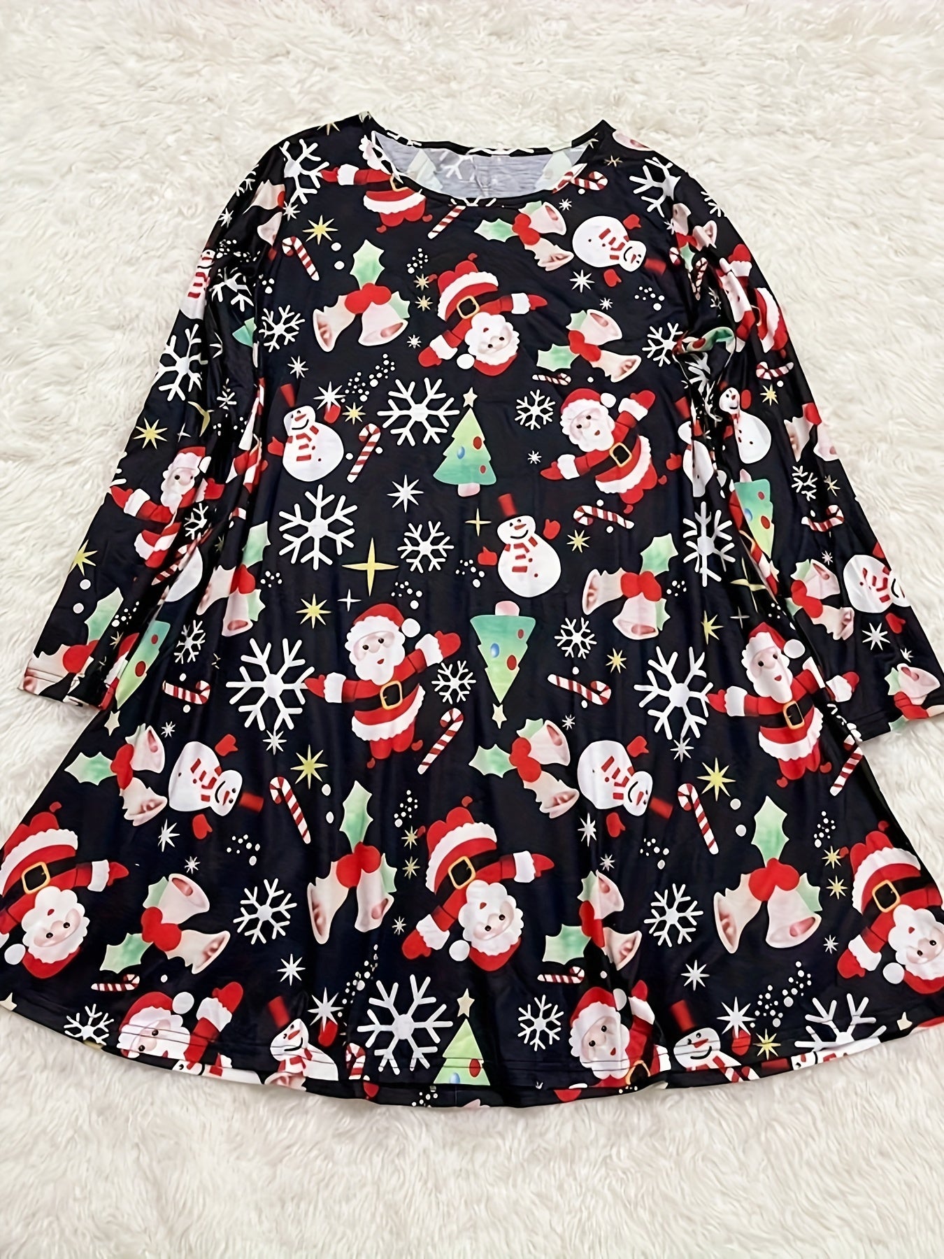  Santa Claus & Snowman Print Long Sleeve Round Neck Dress