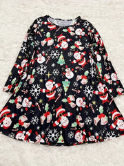  Santa Claus & Snowman Print Long Sleeve Round Neck Dress