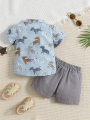 2pcs Baby Boys Animal Print Short Sleeve Shirt & Shorts Set