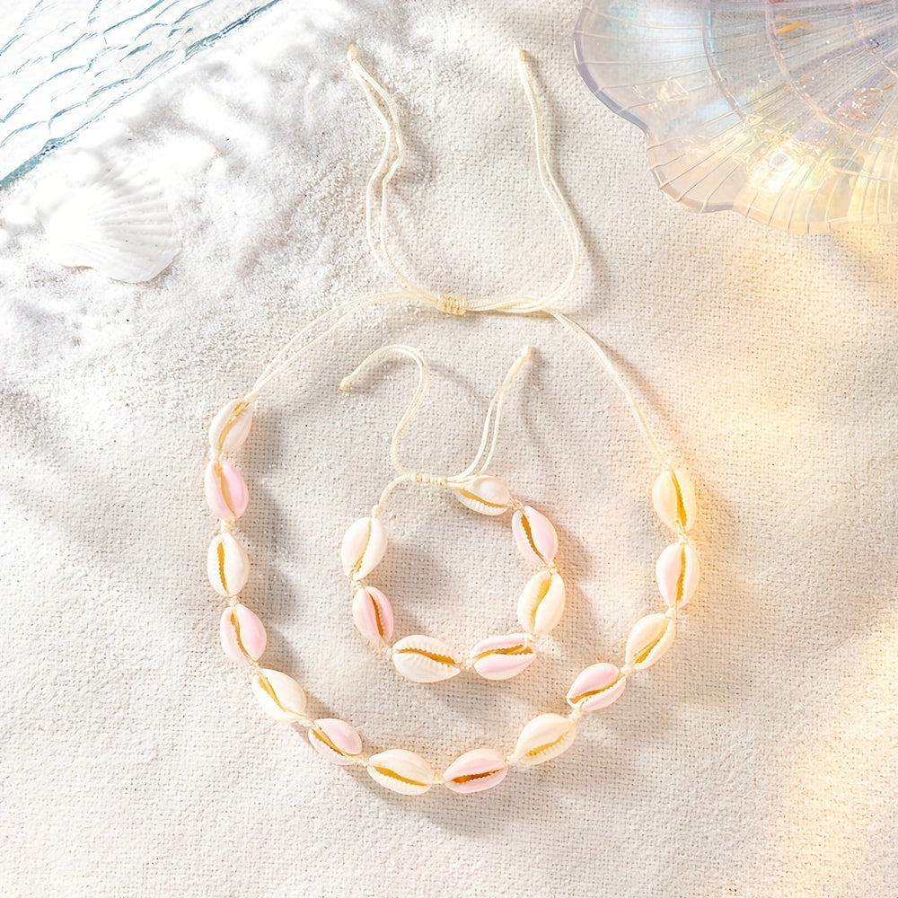 Colorful Shell Necklace & Bracelet Set, Adjustable Braided Jewelry