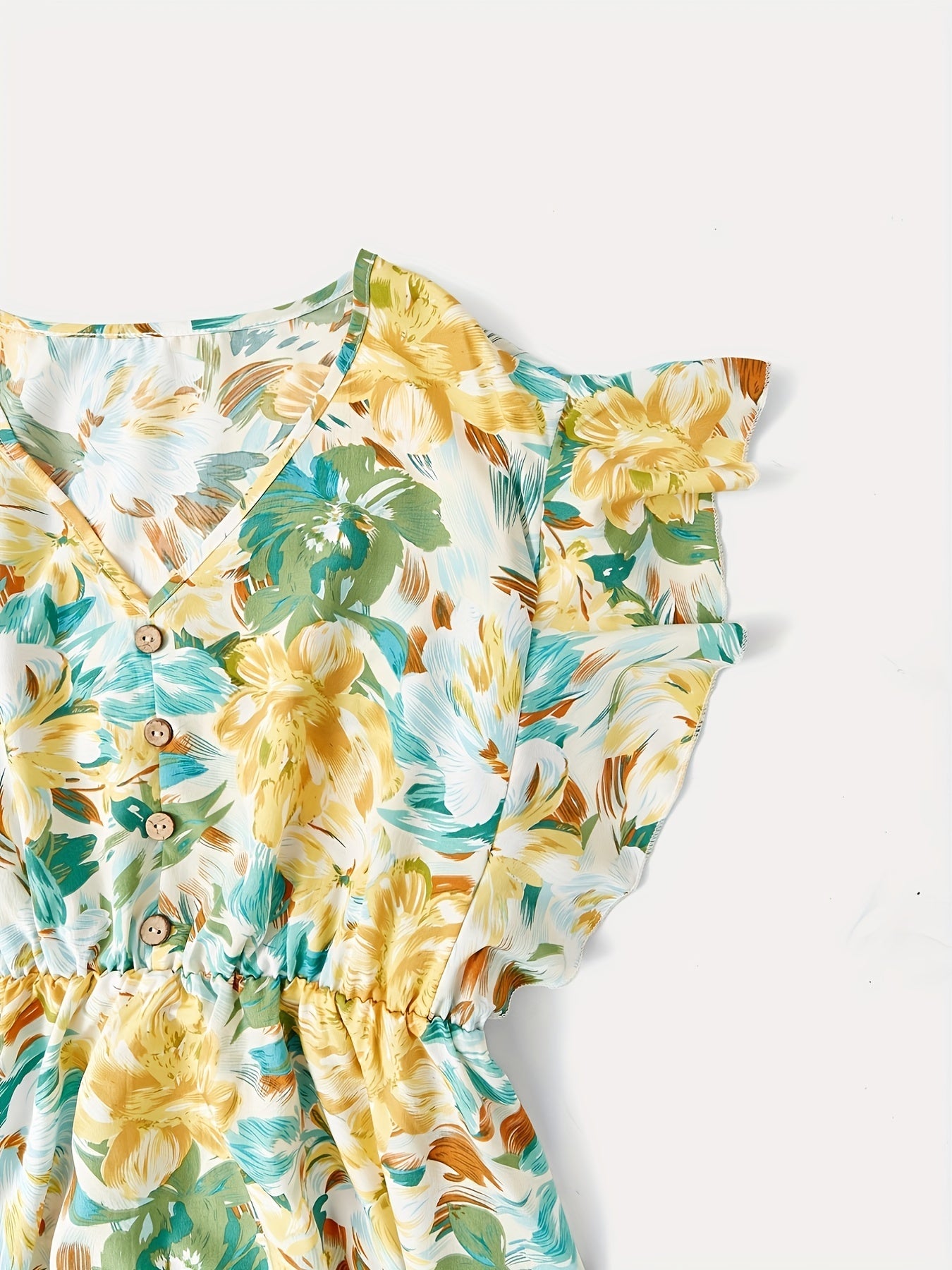  Floral Print Ruffle Sleeve V Neck Dress
