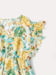  Floral Print Ruffle Sleeve V Neck Dress