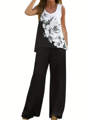  Floral Print Colorblock Tank Top & Pants Set
