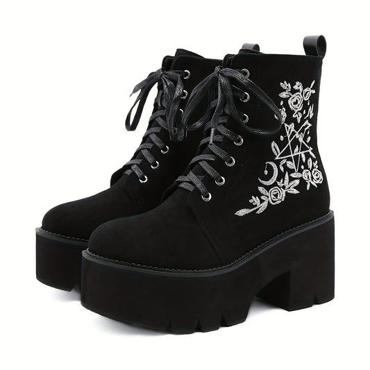 Women's Side Zipper Boots with Flower Embroidery Details