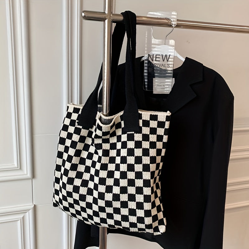 Checkerboard Pattern Shoulder Bag Knitted Satchel Tote Bag
