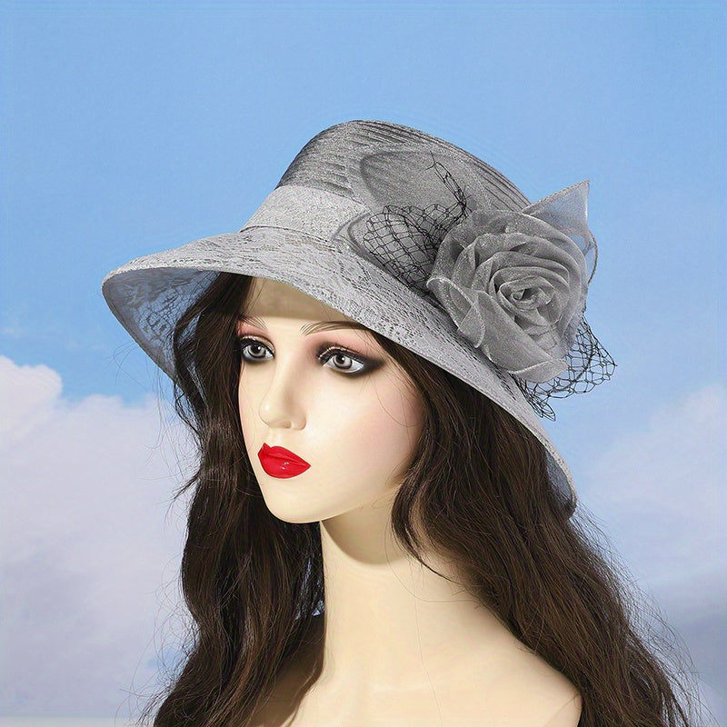 Mesh Flower Decor Bucket Hat British Style Solid Thin Basin Hat