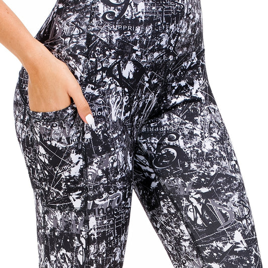 High Waist Graffiti Print Leggings with Pockets for Women
