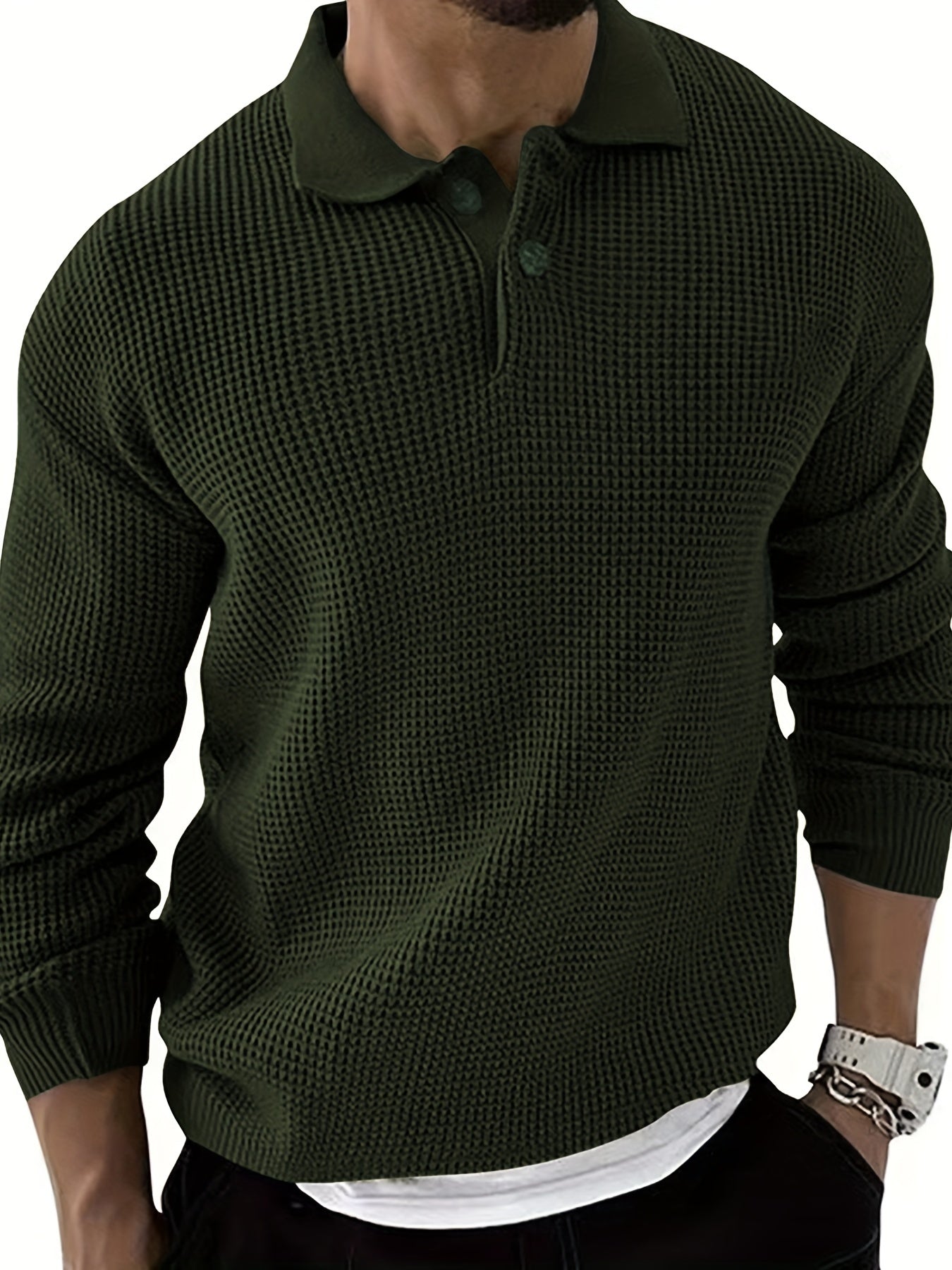 Waffle Knit Polo Collar Sweater Men's Casual Warm Solid Button Up Sweater