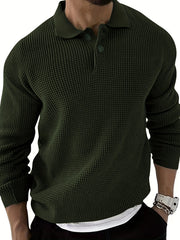 Waffle Knit Polo Collar Sweater Men's Casual Warm Solid Button Up Sweater