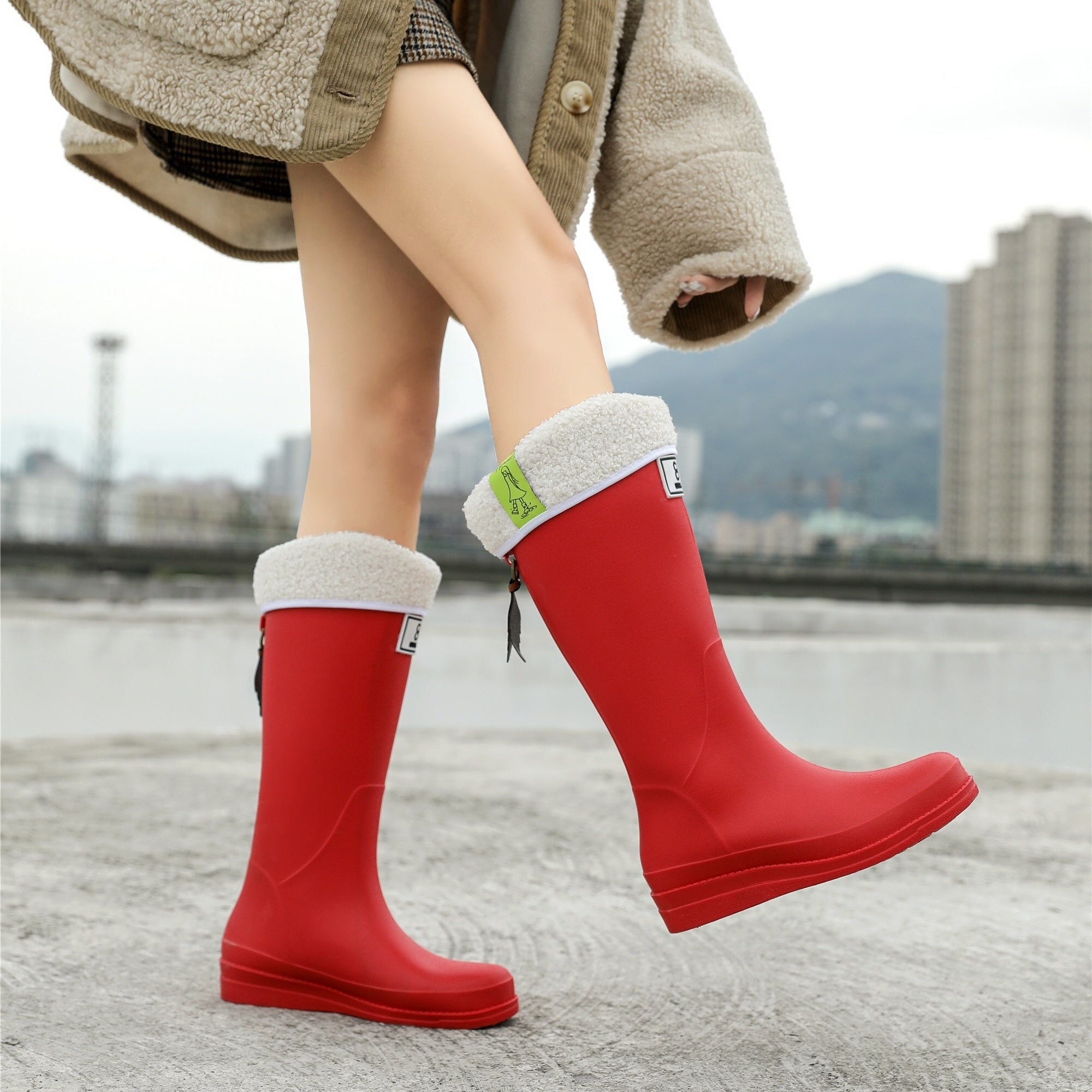Red Fleece Liner Rain Boots Waterproof Slip on High Boots
