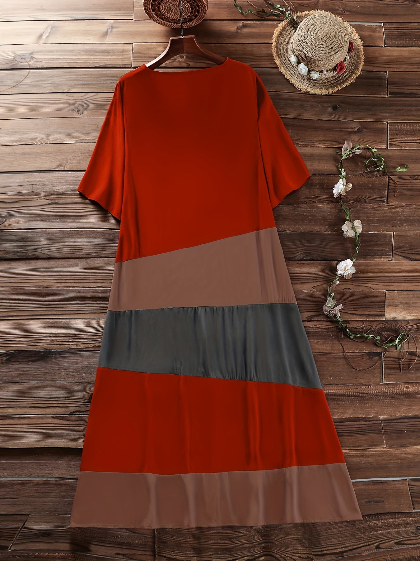  Colorblock Button Up V Neck Tee Dress