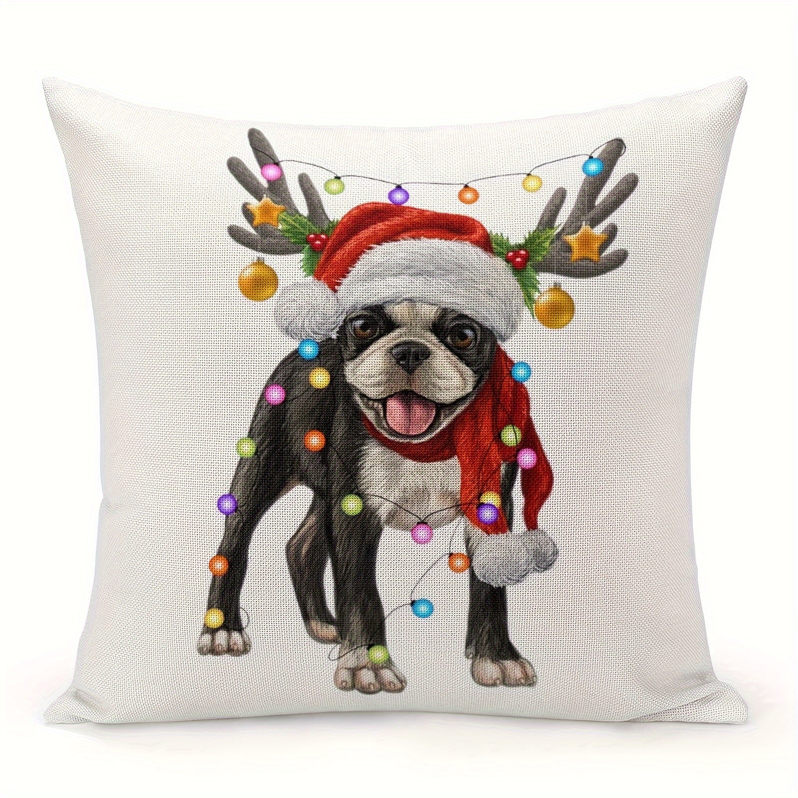 Boston Terrier Christmas Pillow Cover Farmhouse Throw Xmas Festive Cushion