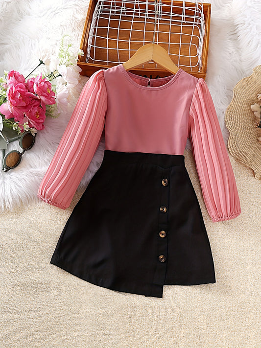 Girl's Pleated Top & Skirt Set Casual Outfits for Spring