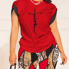 Women's Plus Cross Print Tee & Leopard Shorts Outfit Set