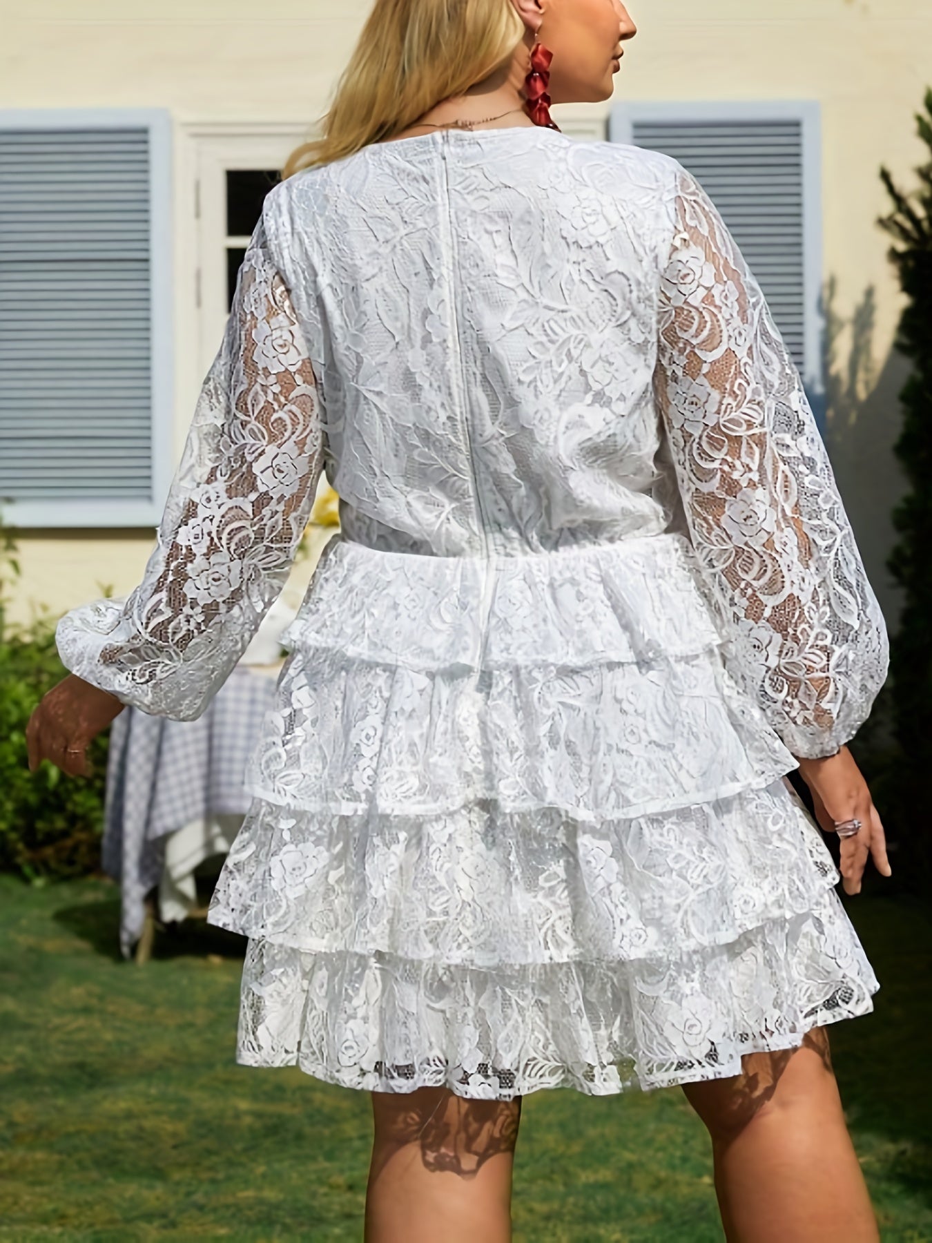  Solid Contrast Lace Lantern Sleeve V Neck Ruffle Trim Dress