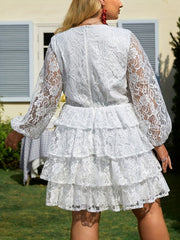  Solid Contrast Lace Lantern Sleeve V Neck Ruffle Trim Dress