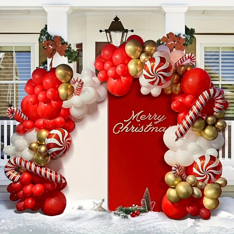 142pcs Christmas Balloon Arch Garland Kit with Red Golden Candy Cane Balloons