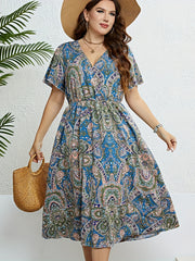  Boho Paisley Print Flare Sleeve Dress