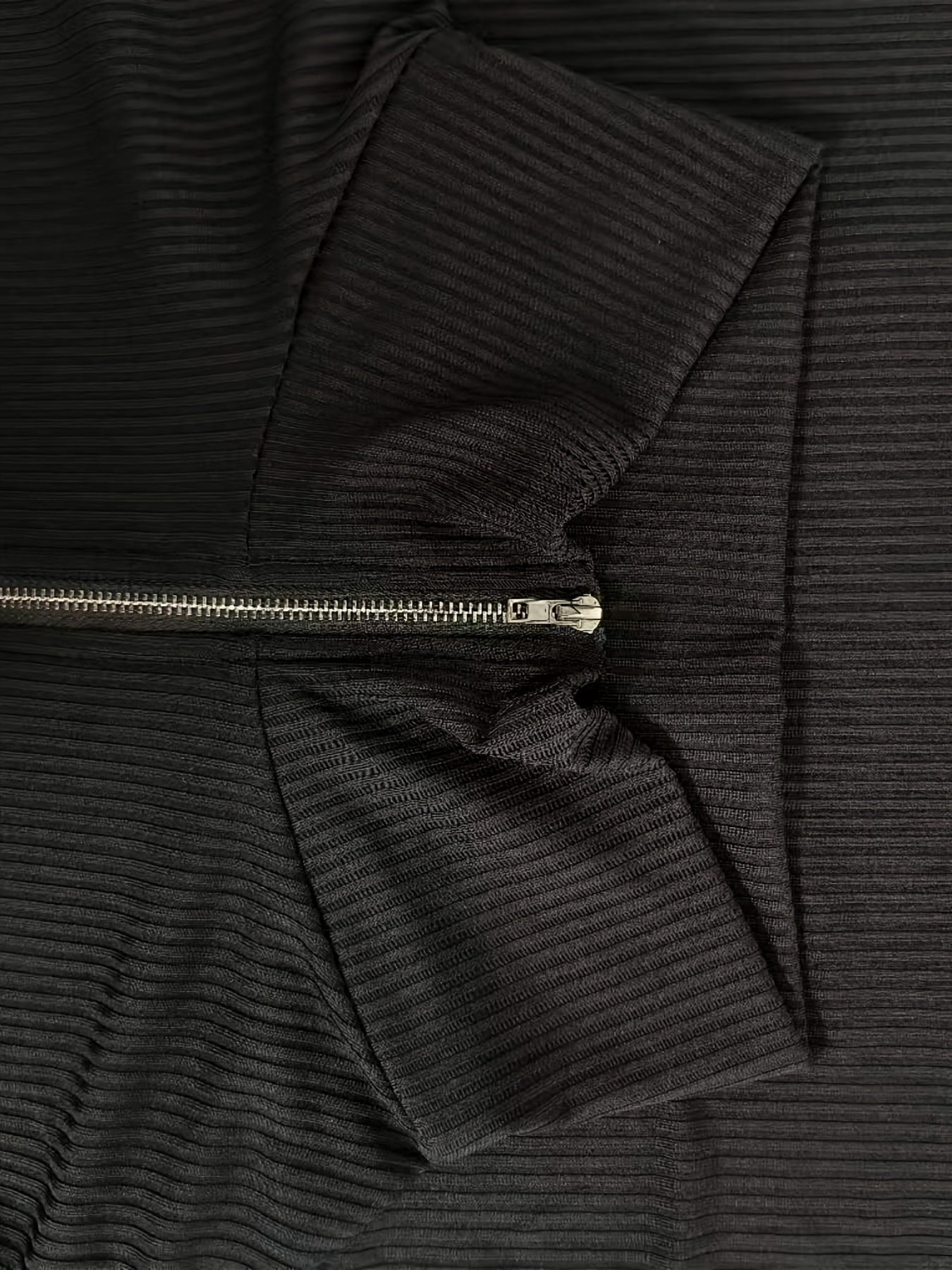  Solid Ribbed Half Zipper Long Sleeve Midi Dress