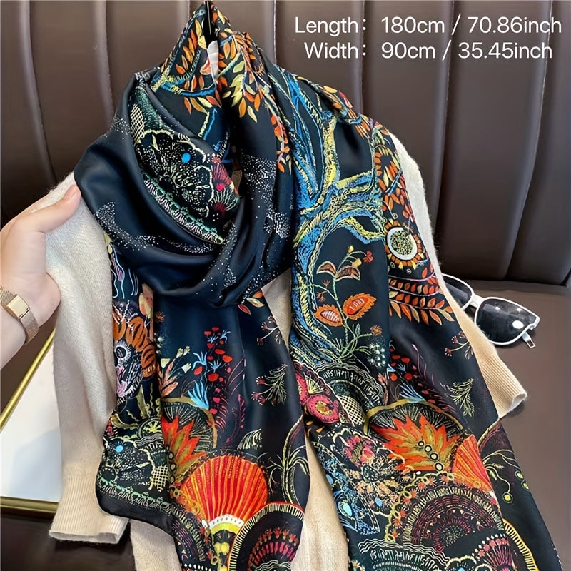 Vintage Phoenix Tree Print Satin Silk Scarf