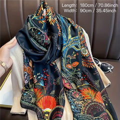 Vintage Phoenix Tree Print Satin Silk Scarf