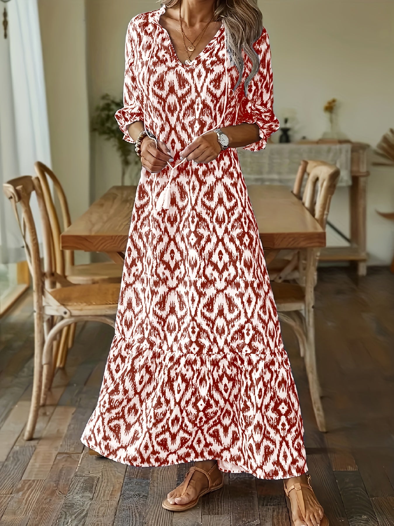 Boho Tassel V Neck Dress Half Sleeve Women's Clothing