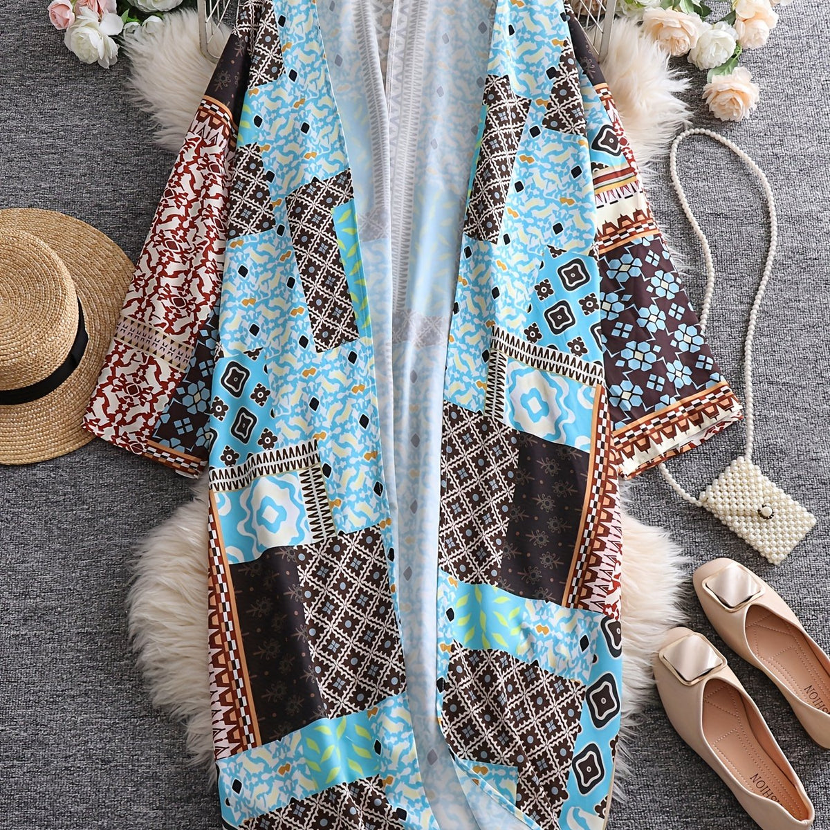 Boho Cardigan Women's Plus Allover Print Long Sleeve Open Front Cardigan
