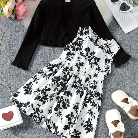 Girls 2pcs Dress & Cardigan Set Floral Print Ruffle Top
