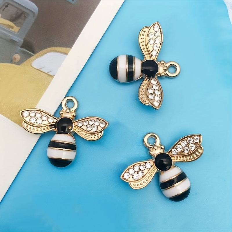 5pcs Enamel Bee Pendants Rhinestone Decor DIY Earrings Bracelet Necklace