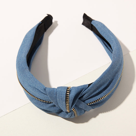 Women Jeans Zipper Headbands With Twist Knot Wide Turban Headwraps Hair Band