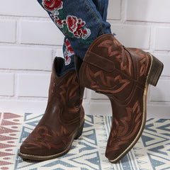 Women's V Cut Western Short Boots Low Chunky Heel Pointed Toe Shoes