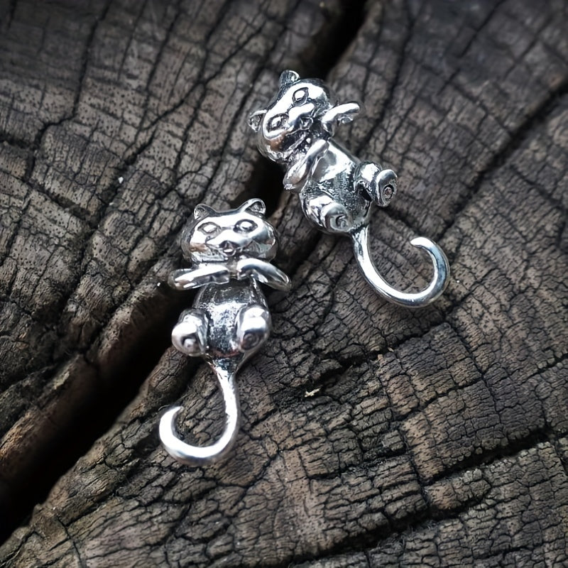 Retro Silvery Men's Earrings Kitten Earrings Animal Jewelry