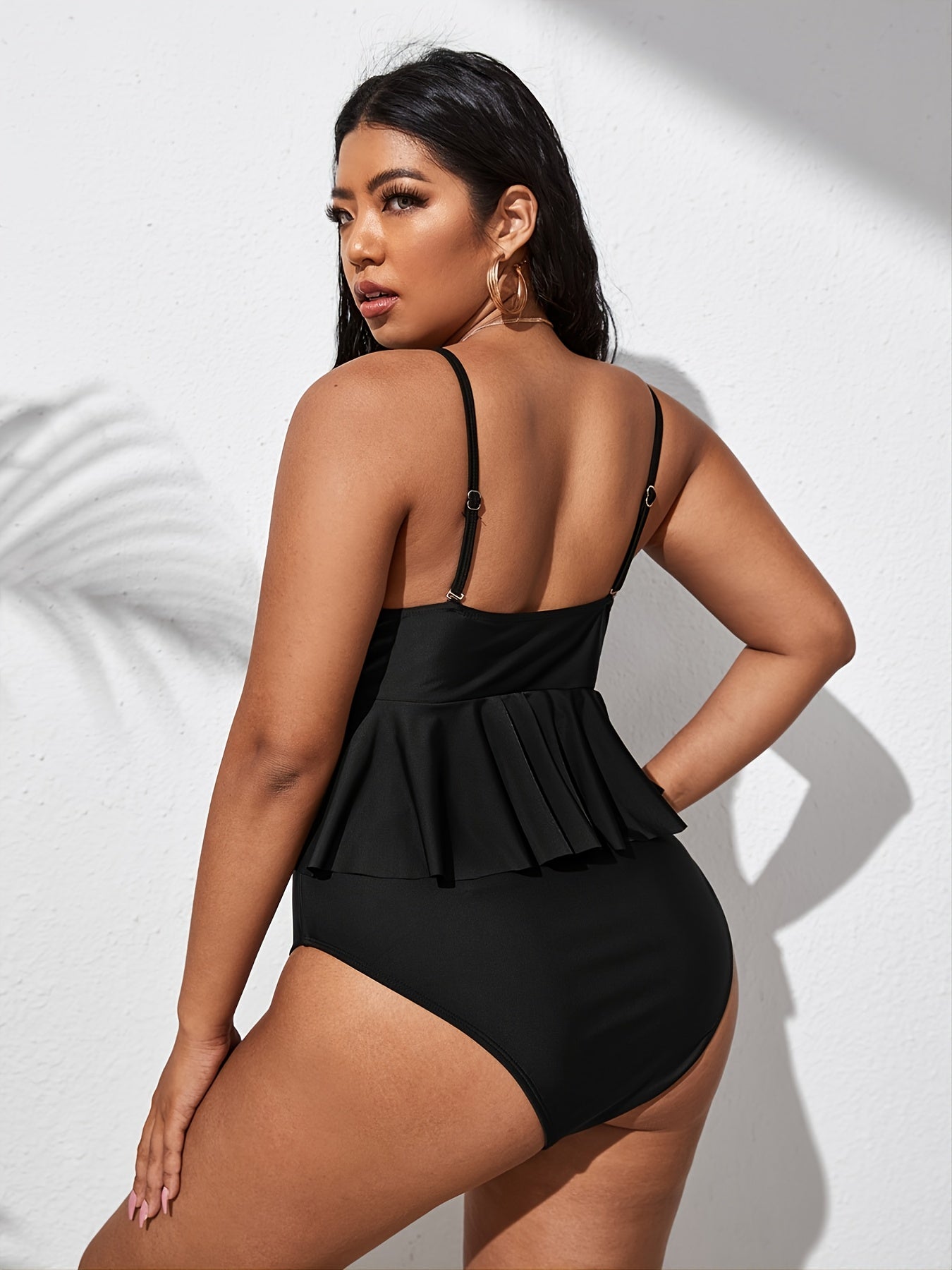 Solid Ruffle Trim One Piece Bikini Plus Size High Stretch Swimsuit