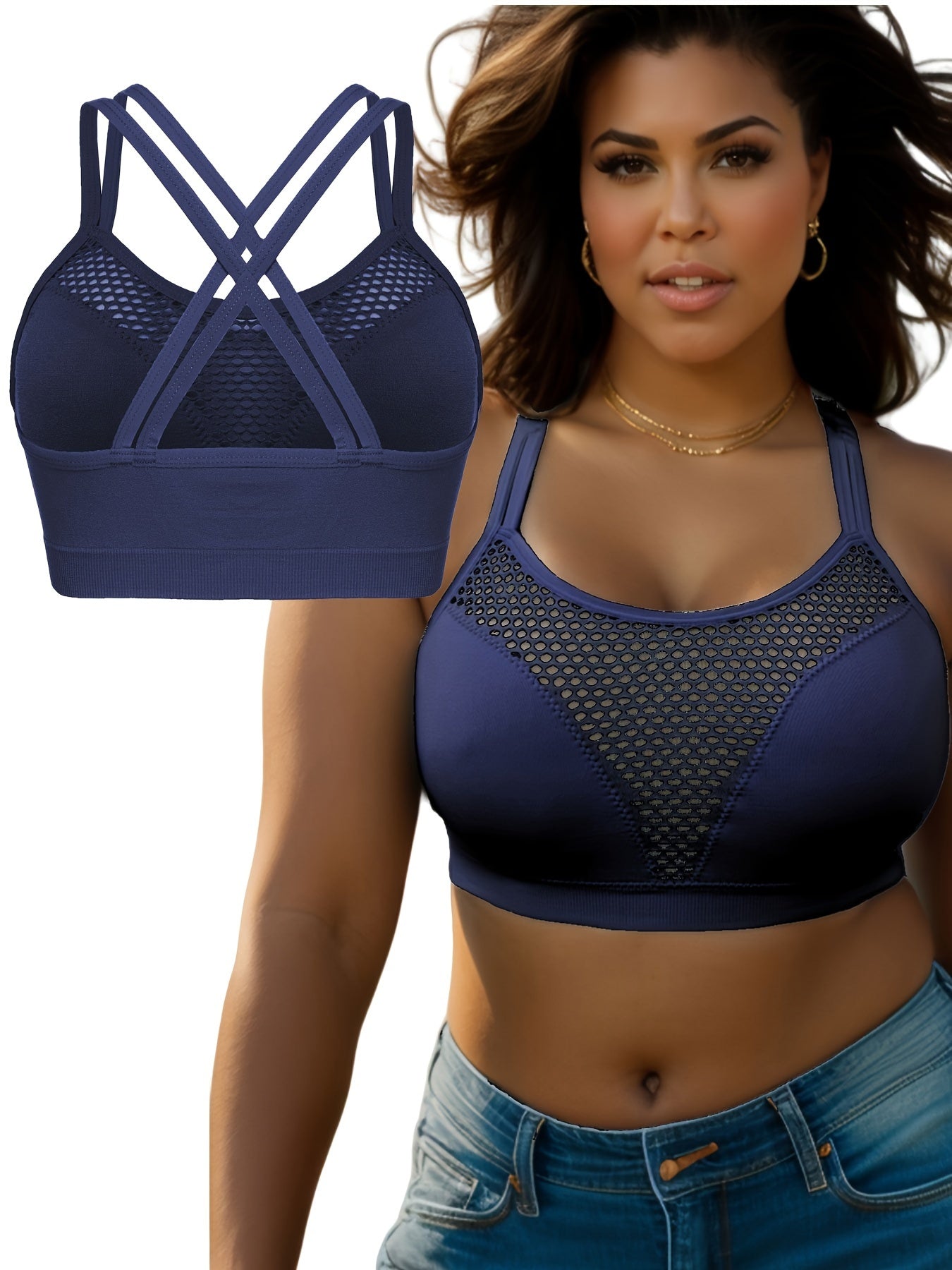  Sports Bra Solid Hollow Out Round Neck Criss Cross Bra