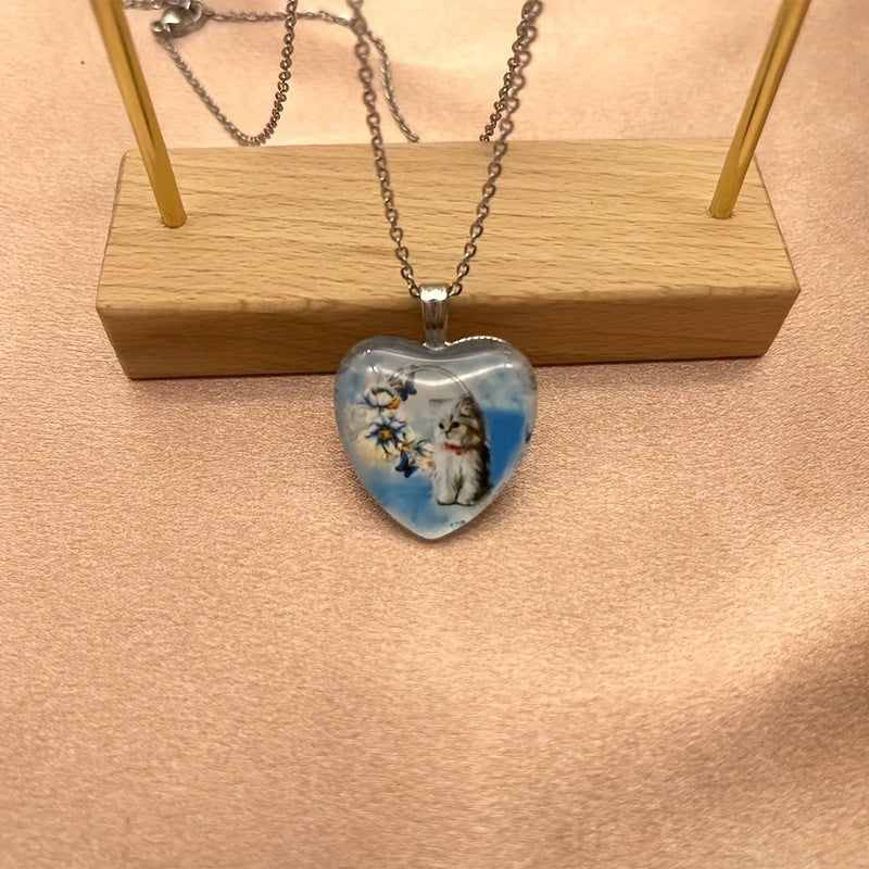 Heart Shaped Cat Pendant Necklace Gift For Girls
