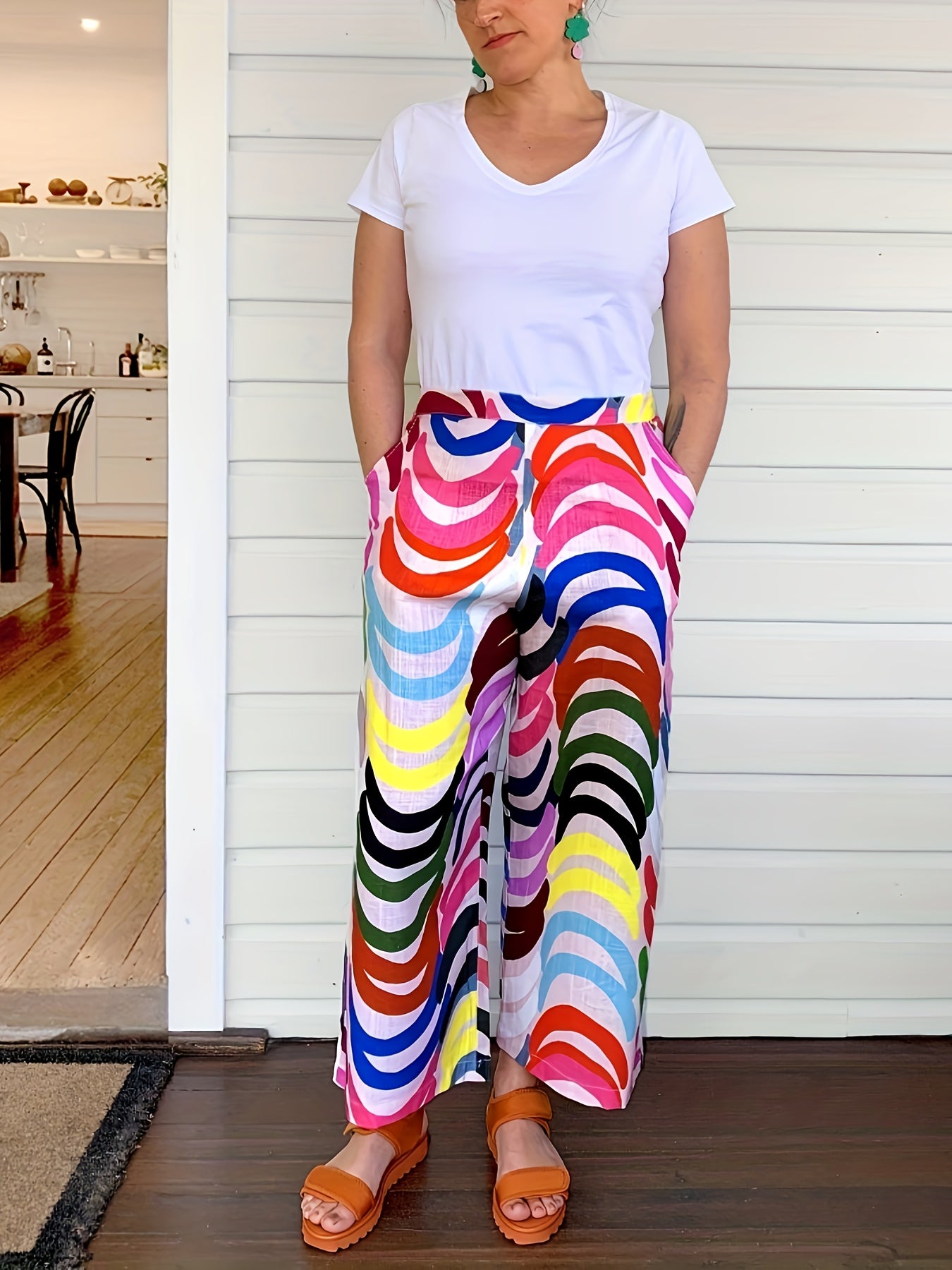 Women's Plus Graphic Print Wide Leg Loose Trousers With Pockets