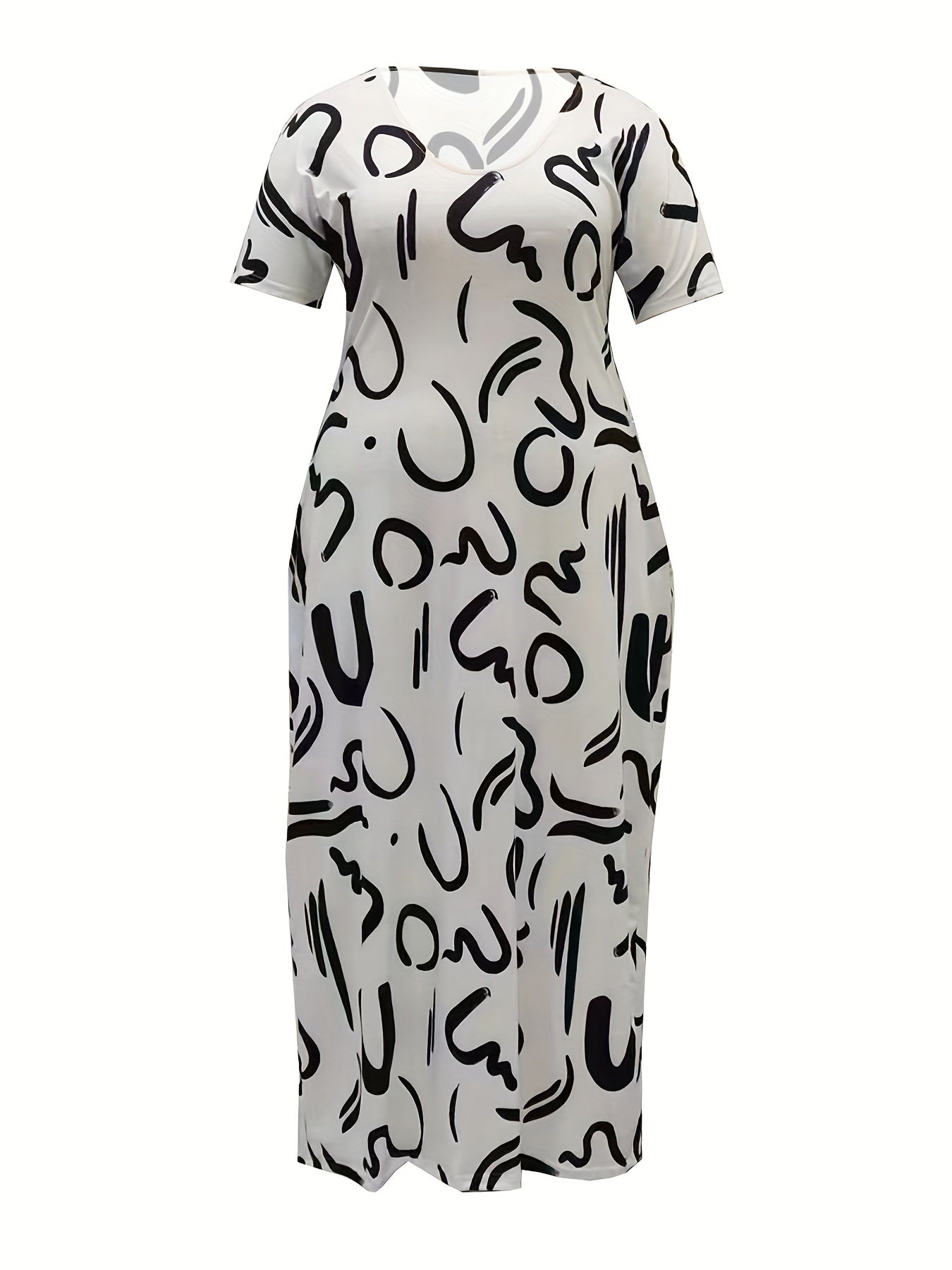  Graffiti Print Round Neck Maxi Dress With Pockets