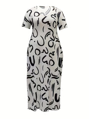  Graffiti Print Round Neck Maxi Dress With Pockets