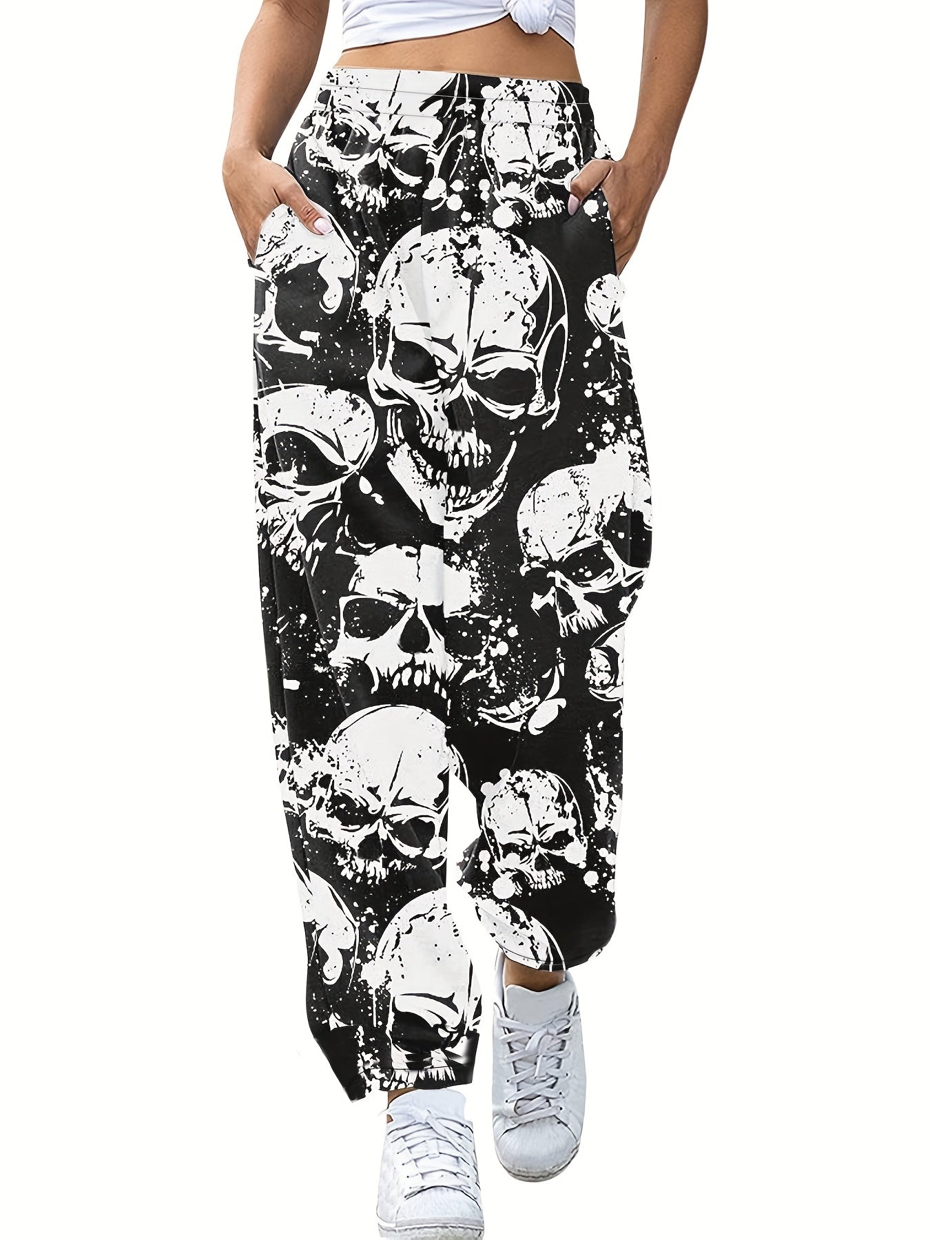 Women's Plus Allover Skull Print Elastic High Rise Straight Leg Trousers