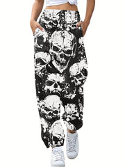 Women's Plus Allover Skull Print Elastic High Rise Straight Leg Trousers
