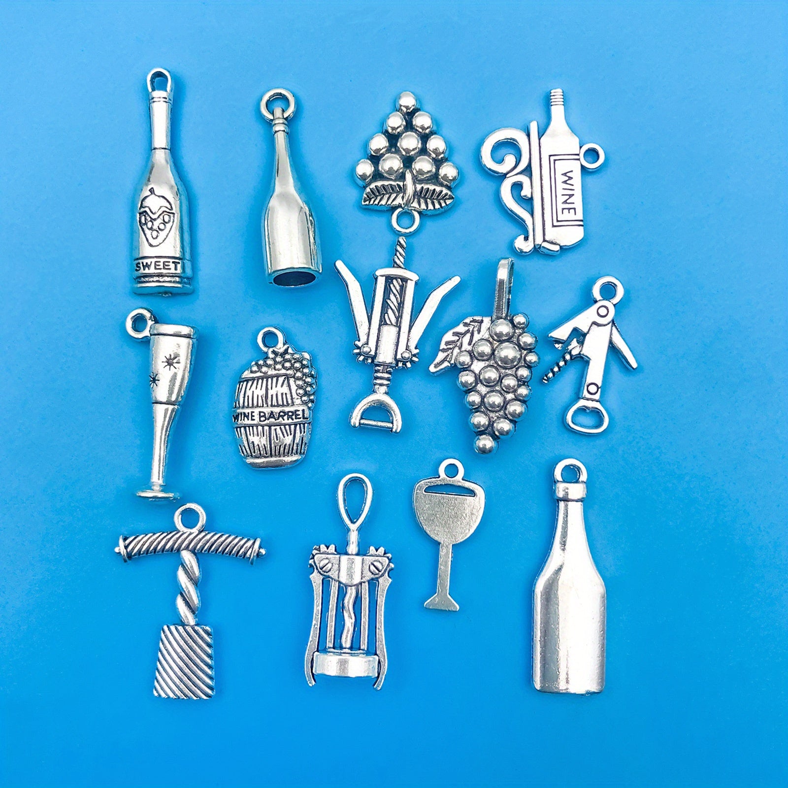 12pcs Antique Silver Red Wine Bottle Pendant Set for DIY Jewelry Making