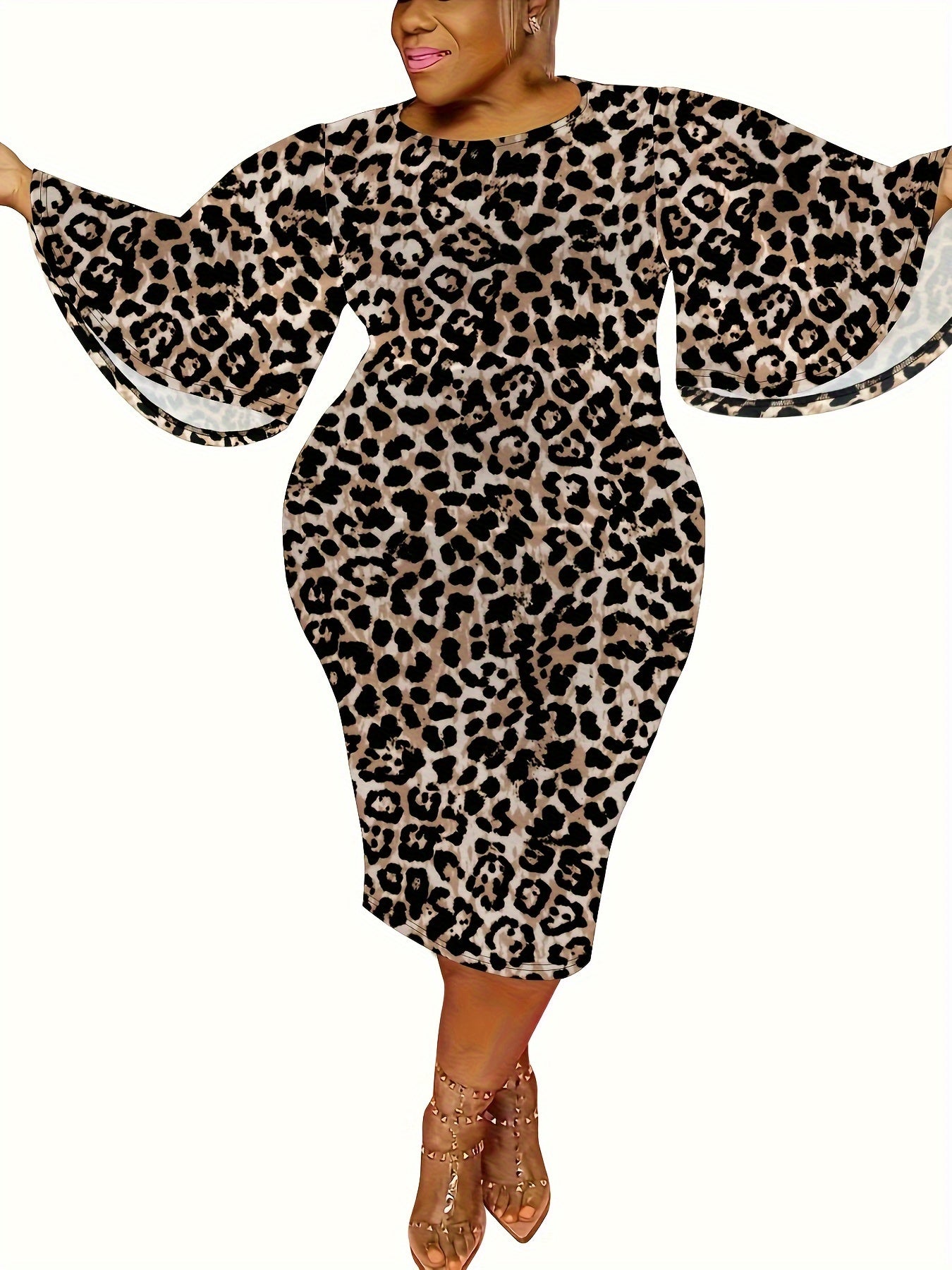 Women's Plus Leopard Print Bell Sleeve Round Neck Slim Fit Dress